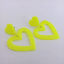 Load image into Gallery viewer, Fluorescent Pink Acrylic Heart Drop Earrings on Stud Setting
