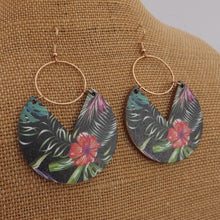 Load image into Gallery viewer, Frangipani on Black, Wood &amp; Gold Tone Drop Earrings
