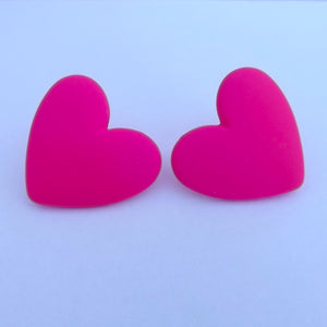 Frosted Large Hot Pink Heart Stud Earrings