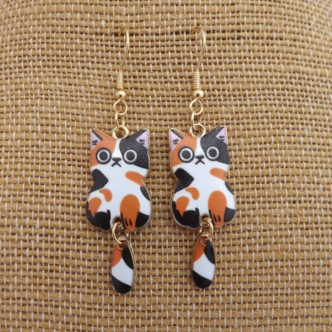 Ginger, Black White Cat Drop Earrings - Main Image