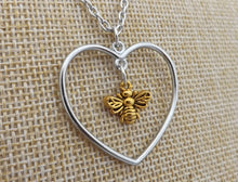 Load image into Gallery viewer, Gold Tone Bee in Silver Tone Heart Pendant Necklace
