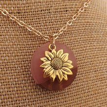 Load image into Gallery viewer, Gold Tone Sunflower on Resin &amp; Wood Circle Pendant Necklace
