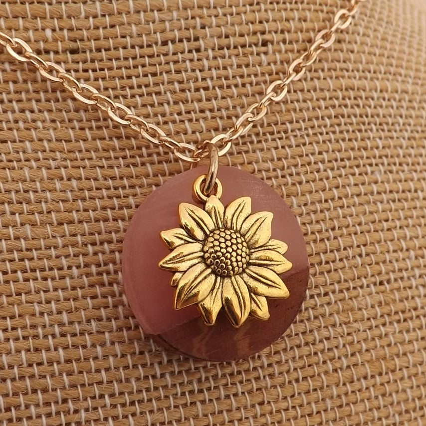 Gold Tone Sunflower on Resin & Wood Circle Pendant Necklace