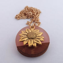 Load image into Gallery viewer, Gold Tone Sunflower on Resin &amp; Wood Circle Pendant Necklace
