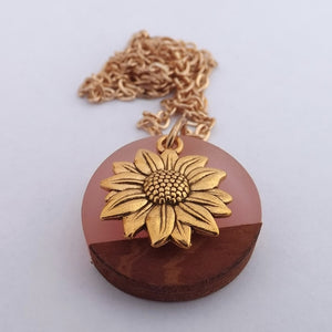 Gold Tone Sunflower on Resin & Wood Circle Pendant Necklace