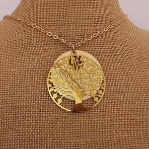 Gold Tree Over Round Disc Pendant Necklace