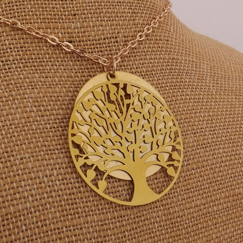 Gold Tree Over Round Disc Pendant Necklace