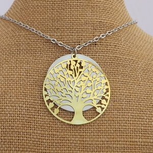 Gold Tree Over Silver Tone Round Disc Pendant Necklace