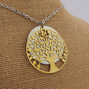 Gold Tree Over Silver Tone Round Disc Pendant Necklace