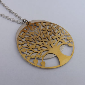 Gold Tree Over Silver Tone Round Disc Pendant Necklace