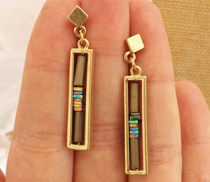 Gold Tone & Bead Rectangle Drop Earrings with Stud Setting