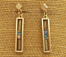 Load image into Gallery viewer, Gold Tone &amp; Bead Rectangle Drop Earrings with Stud Setting
