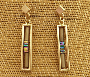 Gold Tone & Bead Rectangle Drop Earrings with Stud Setting