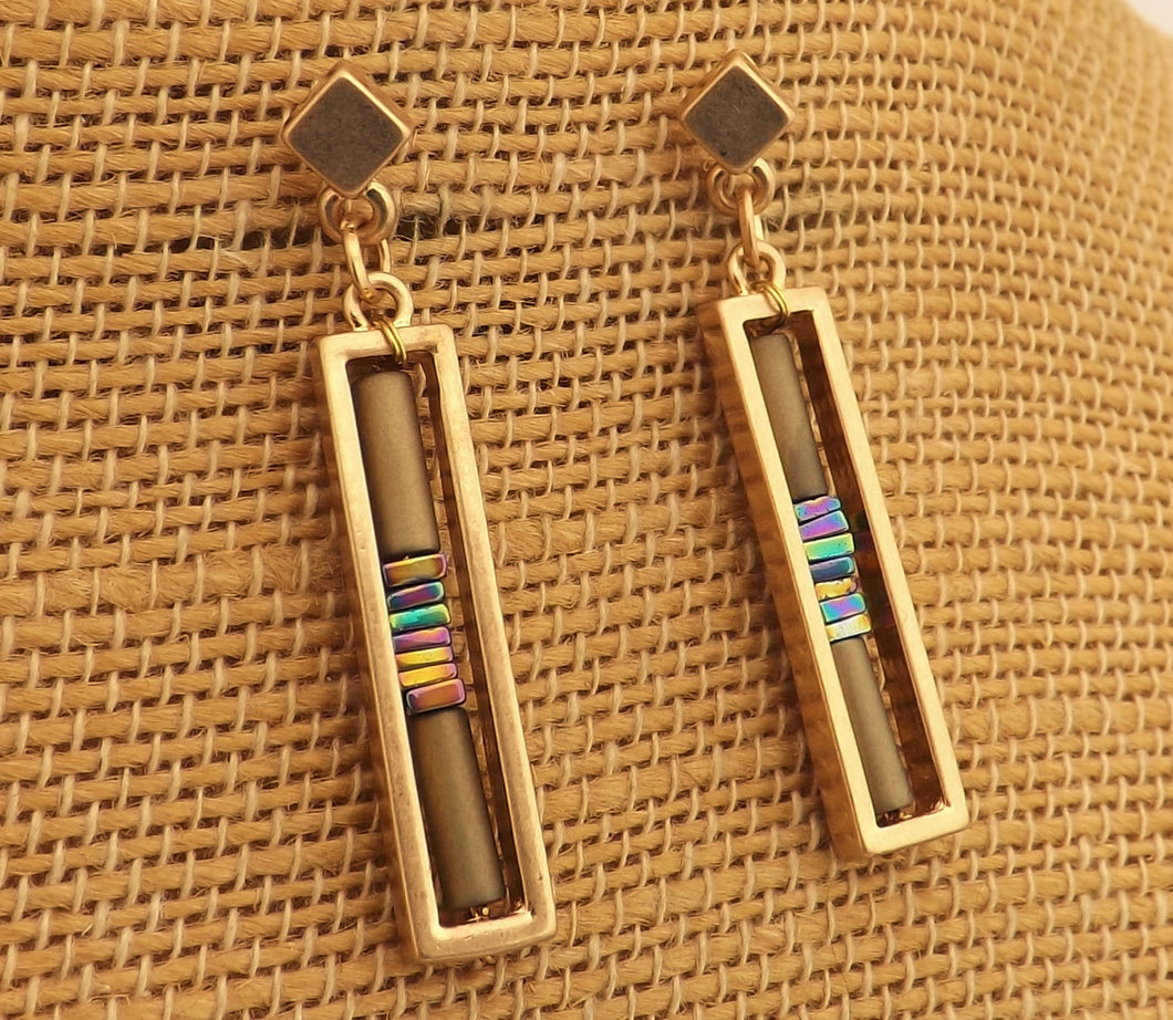 Gold Tone & Bead Rectangle Drop Earrings with Stud Setting