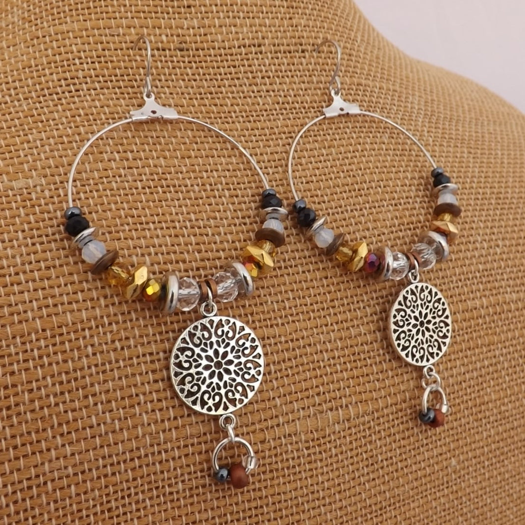 Gold, Bronze, Black & Silver Handmade Hoop Bead Drop Earrings