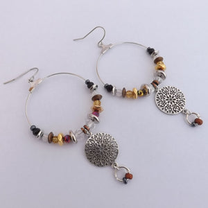 Gold, Bronze, Black & Silver Handmade Hoop Bead Drop Earrings