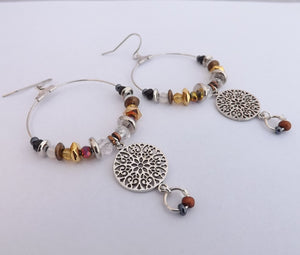 Gold, Bronze, Black & Silver Handmade Hoop Bead Drop Earrings