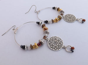 Gold, Bronze, Black & Silver Handmade Hoop Bead Drop Earrings