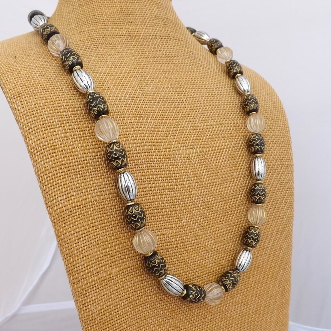 Gold, Silver & Black Handmade Acrylic Bead Necklace