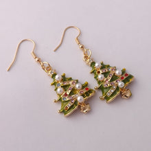 Load image into Gallery viewer, Gold Tone Christmas Tree Earrings with Faux Pearl &amp; Rhinestone Decorations
