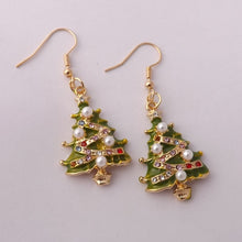 Load image into Gallery viewer, Gold Tone Christmas Tree Earrings with Faux Pearl &amp; Rhinestone Decorations
