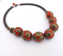 Load image into Gallery viewer, Green Flowers on Red Ceramic Bead Necklace
