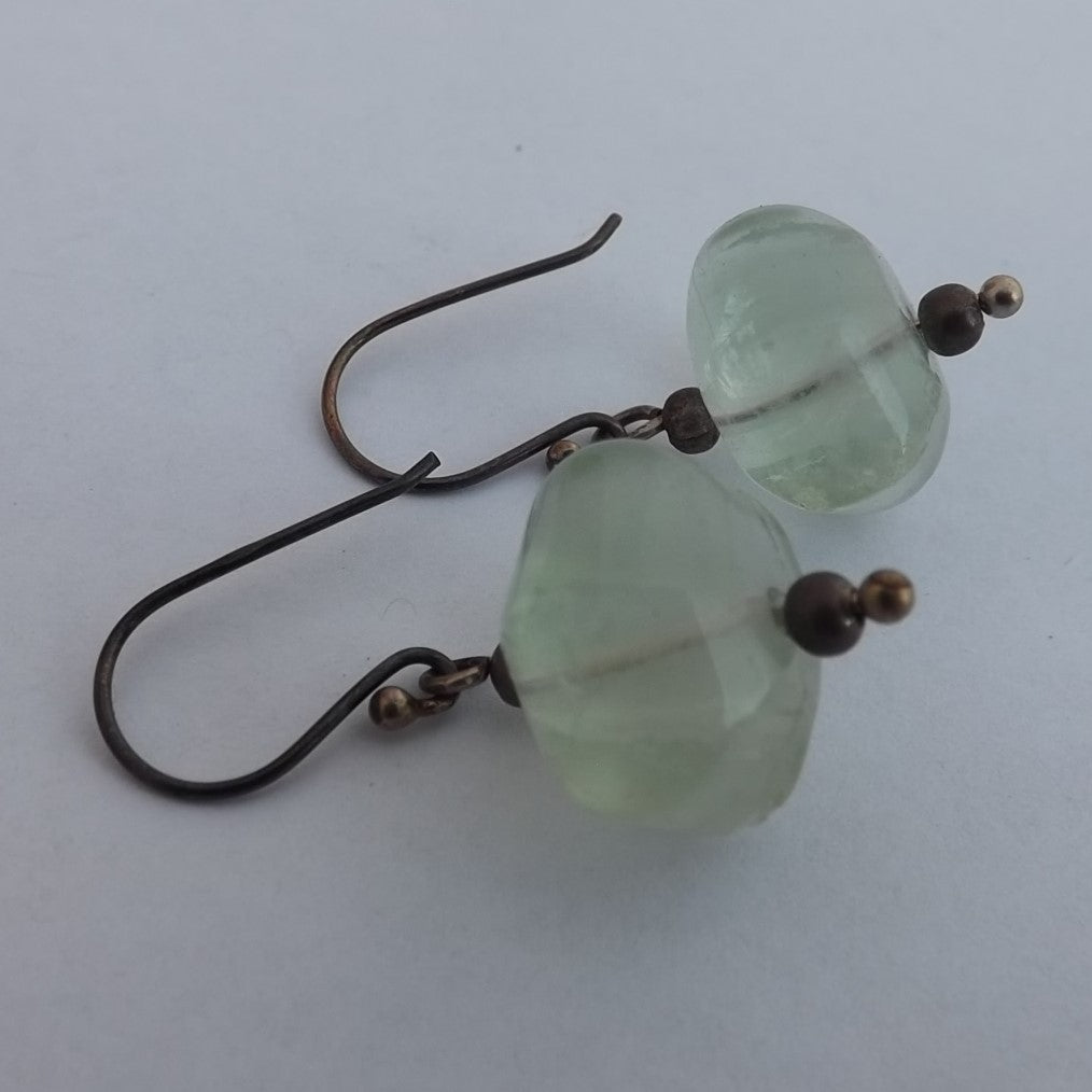 Green Fluorite Bead Earrings on Tarnished Sterling Silver Hooks