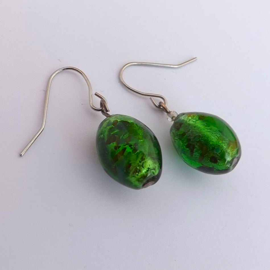Green Glass Foil Handmade Bead Earrings
