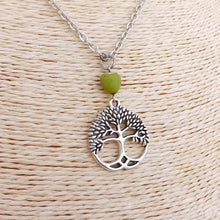 Load image into Gallery viewer, Green Heart Bead &amp; Silver Tone Tree of Life Pendant Necklace
