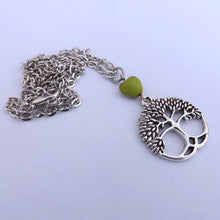 Load image into Gallery viewer, Green Heart Bead &amp; Silver Tone Tree of Life Pendant Necklace
