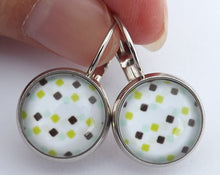 Load image into Gallery viewer, Green, Black &amp; Blue Squares - Dome Earrings on Lever Back Hooks
