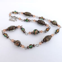 Load image into Gallery viewer, Green, Black &amp; Gold Handmade Foil Lampwork Bead Chain Link Necklace &amp; Earrings Set
