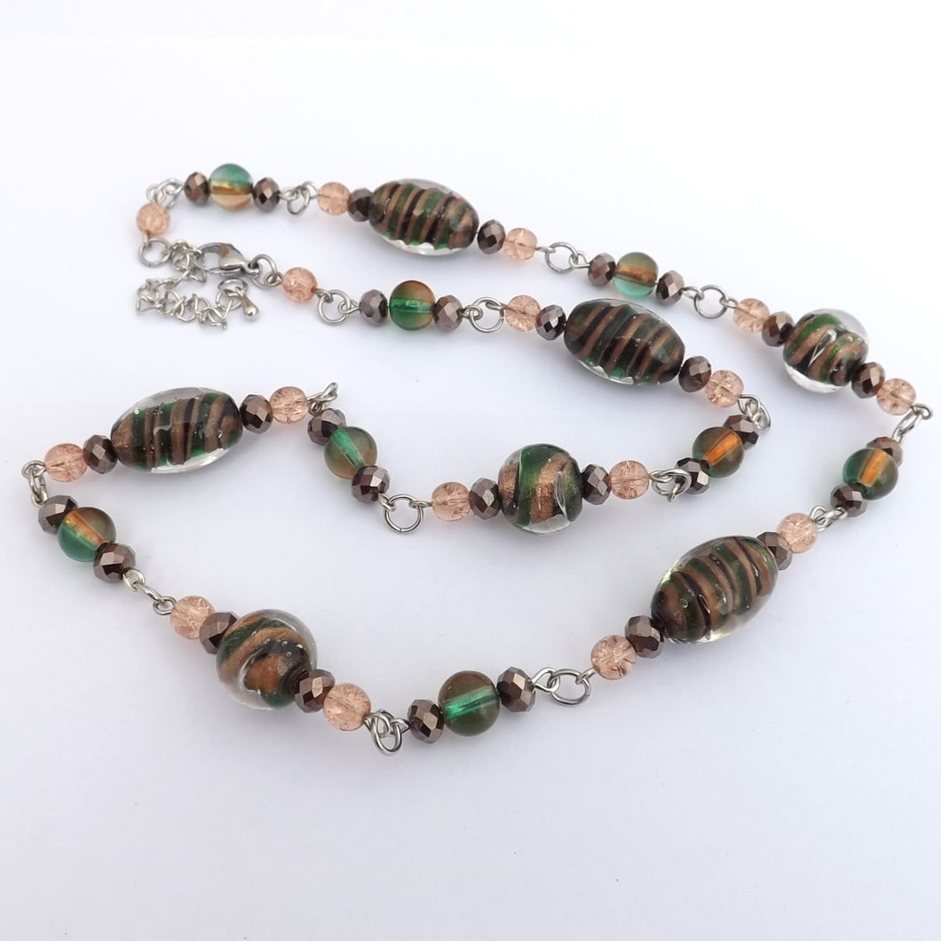 Green, Black & Gold Handmade Foil Lampwork Bead Chain Link Necklace & Earrings Set