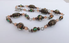 Load image into Gallery viewer, Green, Black &amp; Gold Handmade Foil Lampwork Bead Chain Link Necklace &amp; Earrings Set
