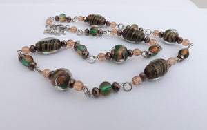 Green, Black & Gold Handmade Foil Lampwork Bead Chain Link Necklace & Earrings Set