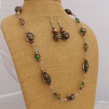 Load image into Gallery viewer, Green, Black &amp; Gold Handmade Foil Lampwork Bead Chain Link Necklace &amp; Earrings Set
