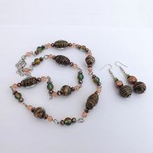 Load image into Gallery viewer, Green, Black &amp; Gold Handmade Foil Lampwork Bead Chain Link Necklace &amp; Earrings Set
