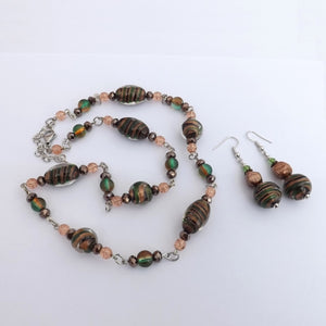 Green, Black & Gold Handmade Foil Lampwork Bead Chain Link Necklace & Earrings Set