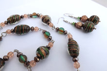 Load image into Gallery viewer, Green, Black &amp; Gold Handmade Foil Lampwork Bead Chain Link Necklace &amp; Earrings Set
