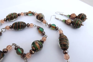 Green, Black & Gold Handmade Foil Lampwork Bead Chain Link Necklace & Earrings Set