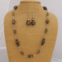 Load image into Gallery viewer, Green, Black &amp; Gold Handmade Foil Lampwork Bead Chain Link Necklace &amp; Earrings Set
