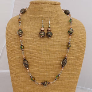Green, Black & Gold Handmade Foil Lampwork Bead Chain Link Necklace & Earrings Set