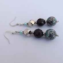 Load image into Gallery viewer, Green, Black &amp; Silver Handmade Bead Earrings
