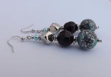 Load image into Gallery viewer, Green, Black &amp; Silver Handmade Bead Earrings
