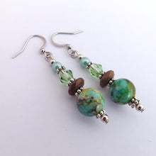 Load image into Gallery viewer, Green, Blue &amp; Bronze Handmade Bead Earrings
