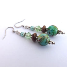 Load image into Gallery viewer, Green, Blue &amp; Bronze Handmade Bead Earrings

