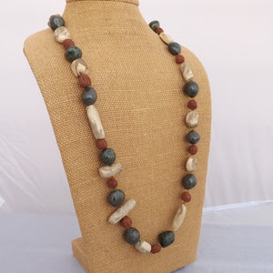 Green, Blue & Cream Handmade Vintage Ceramic Bead Necklace
