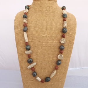 Green, Blue & Cream Handmade Vintage Ceramic Bead Necklace