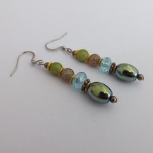 Load image into Gallery viewer, Green, Blue &amp; Grey Handmade Bead Earrings
