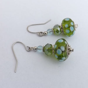 Green & Blue Handmade Lamp Work Glass Bead Earrings